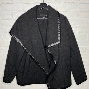 Ralph Lauren Black Label Merino Wool Blend Leather Trim Grey Cardigan Sweater